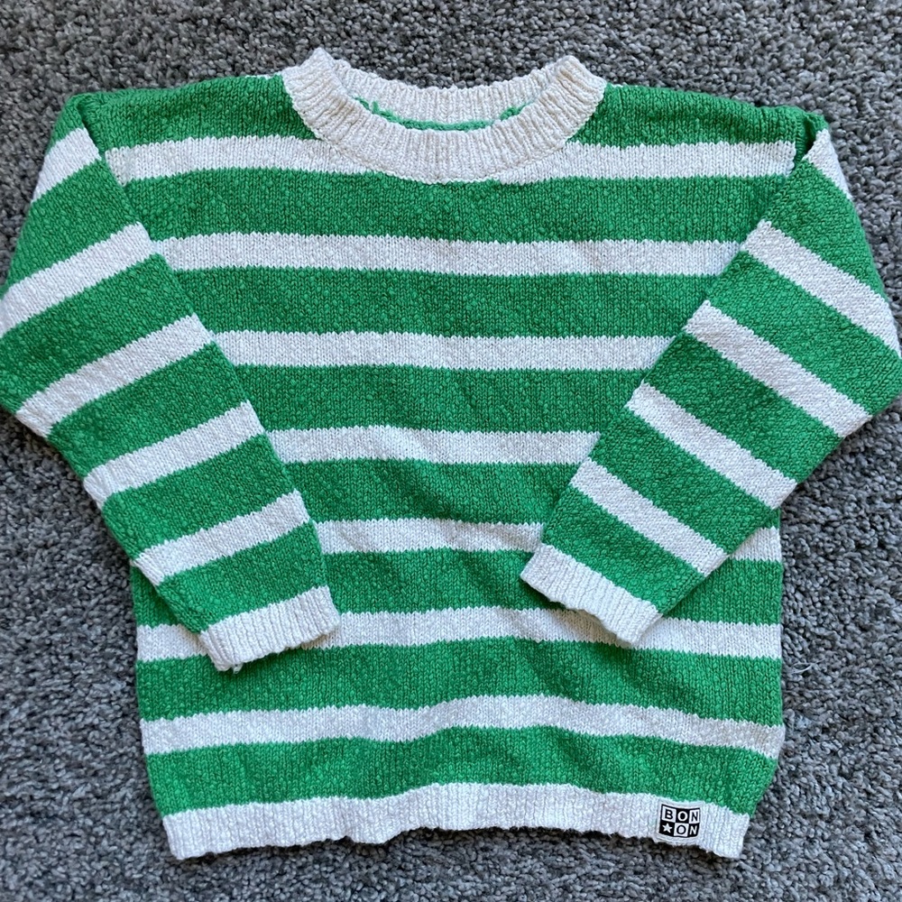 Bonton 100% Cotton Crewneck Sweater in Green and Cream Stripes sz4